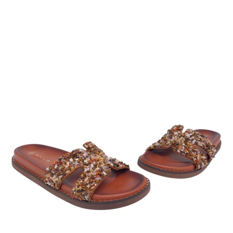 Envie flatform sandals γυναικεία φλατ με πέτρες σε κάμελ χρώμα - Image 2