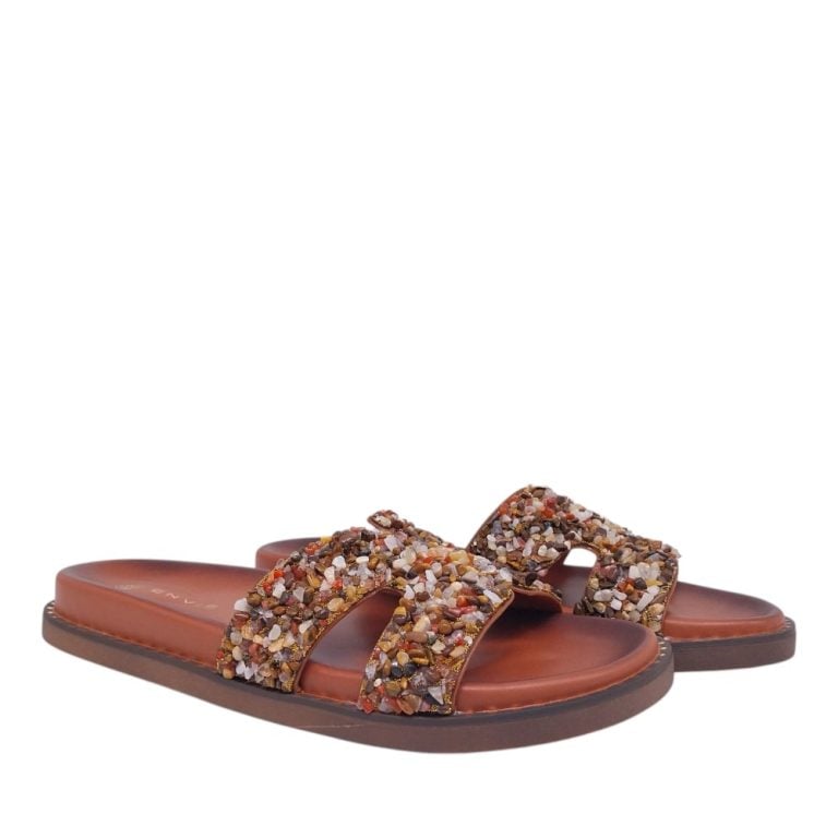 Envie flatform sandals γυναικεία φλατ με πέτρες σε κάμελ χρώμα - Image 3