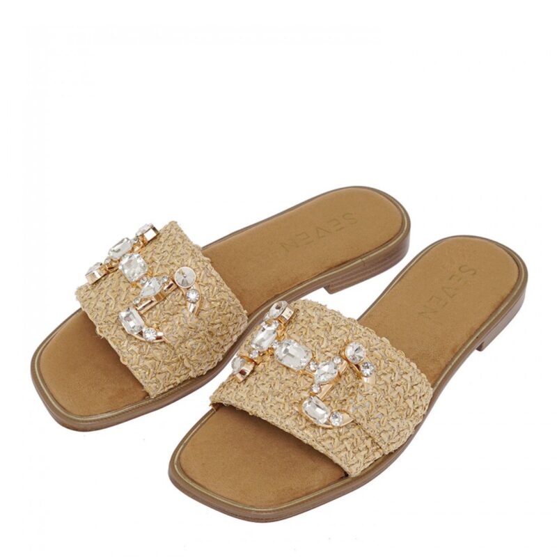 Seven flat gold raffia γυναικεία mules ισόπατα σε χρυσό & ψάθα - Image 2